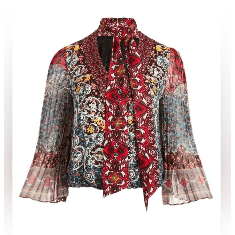 Alice + Olivia Red Multi-Print Tie-Neck Blouse - Picture 5 of 5